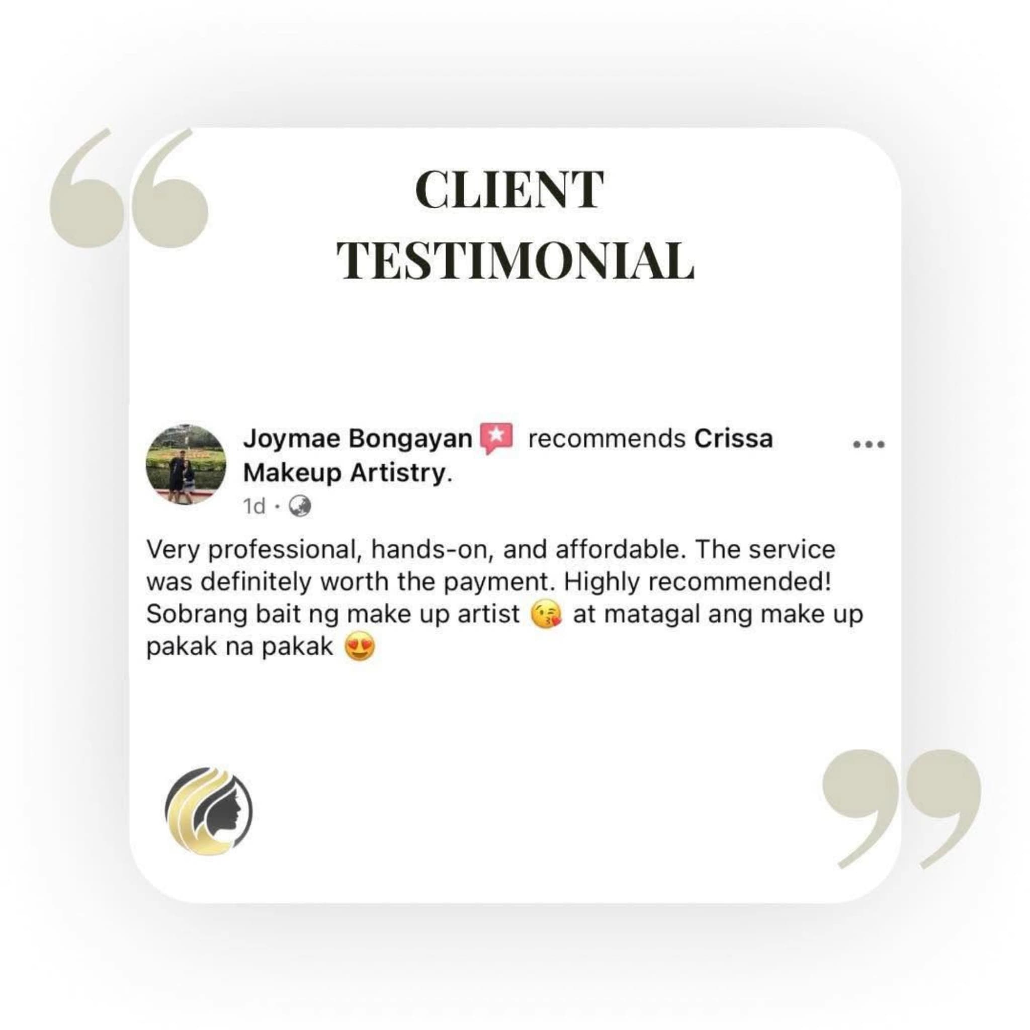Joymae Bongayan — Client recommendation review for Crissa Makeup Artistry